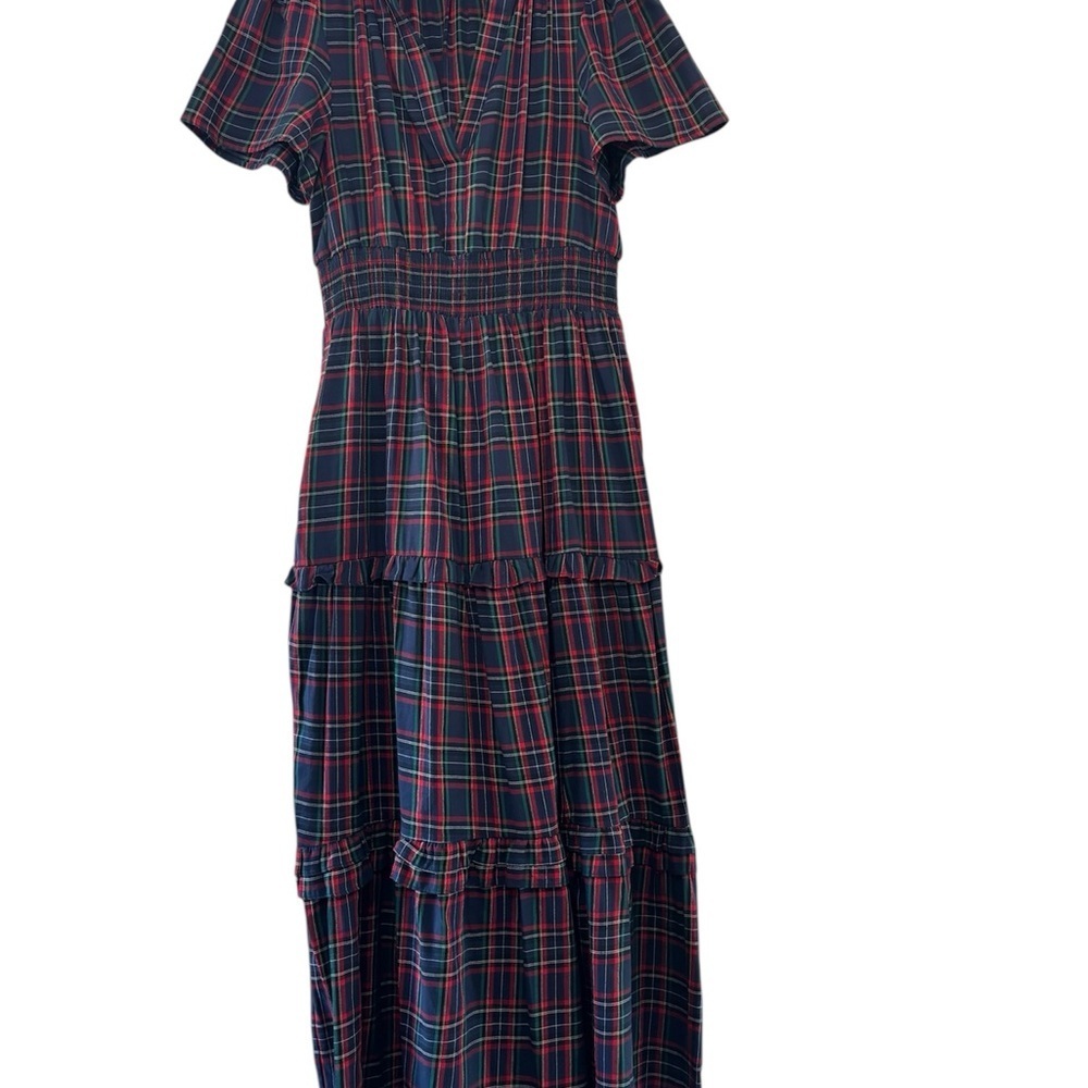 Sugarlips Miley Navy Tartan Plaid Palmer Puff Sleeve Tiered Maxi Dress Small - Picture 2 of 10